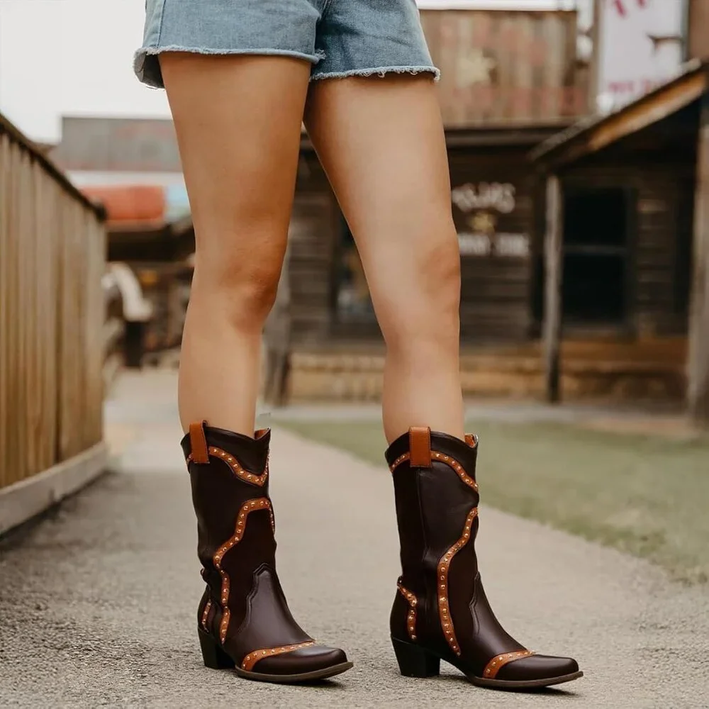 Unisex Brown Cowboot Pointed Toe Pull On Mid Calf Fashion Dress Boots